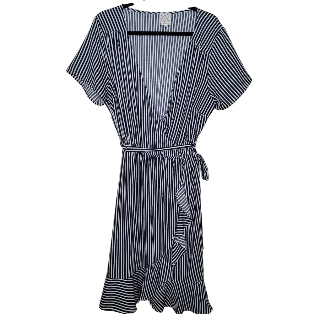 Naif Striped Shift Dress Womens 1X White Blue Striped Ruffle Bottom Nautical